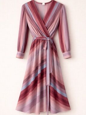 Striped Mauve Wrap Midi Dress with Tie Waist